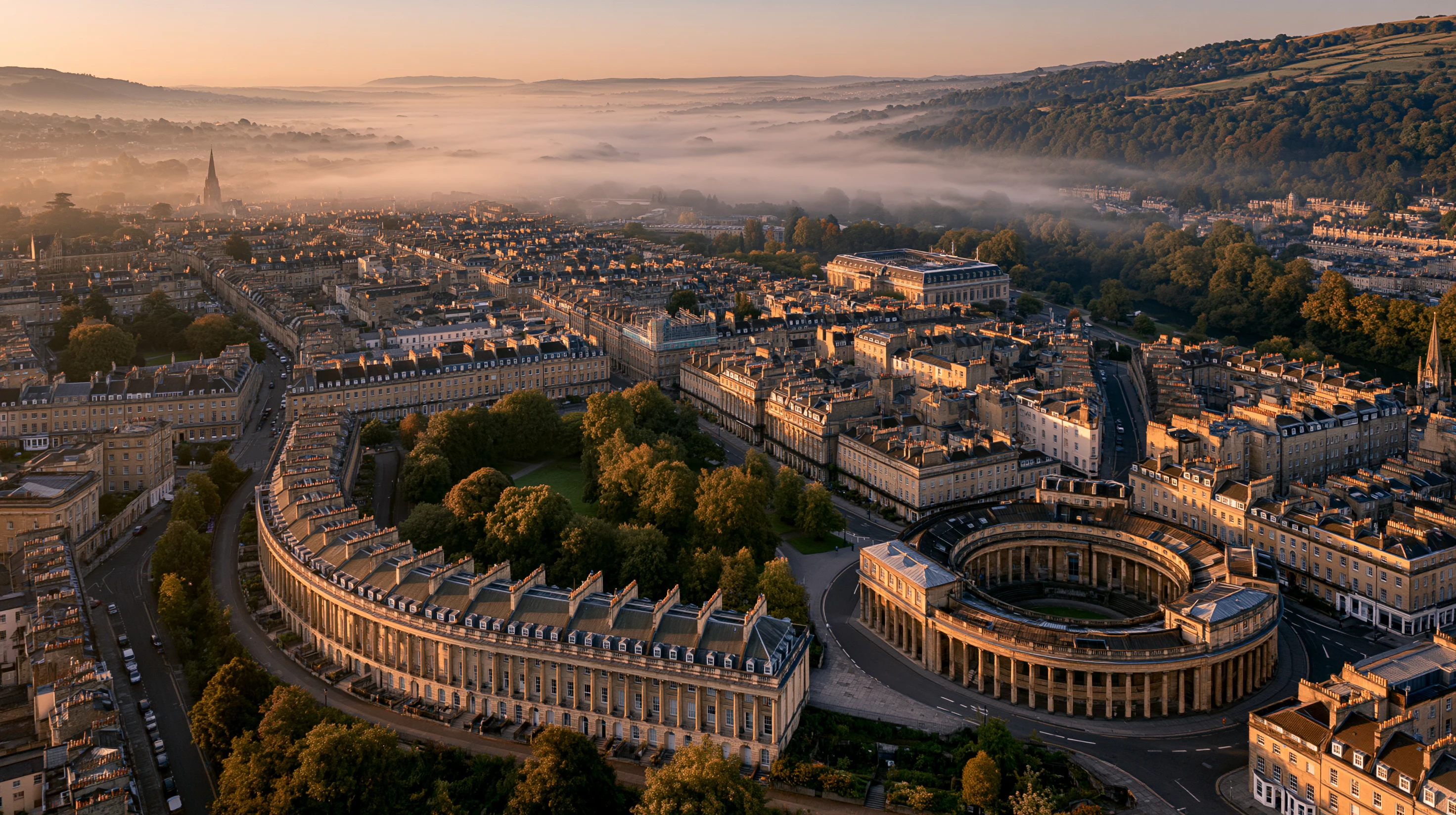 An aerial photograph of central Bath at sunrise. The Royal Crescent is visible left of centre. The river runs through the lower right of the frame.