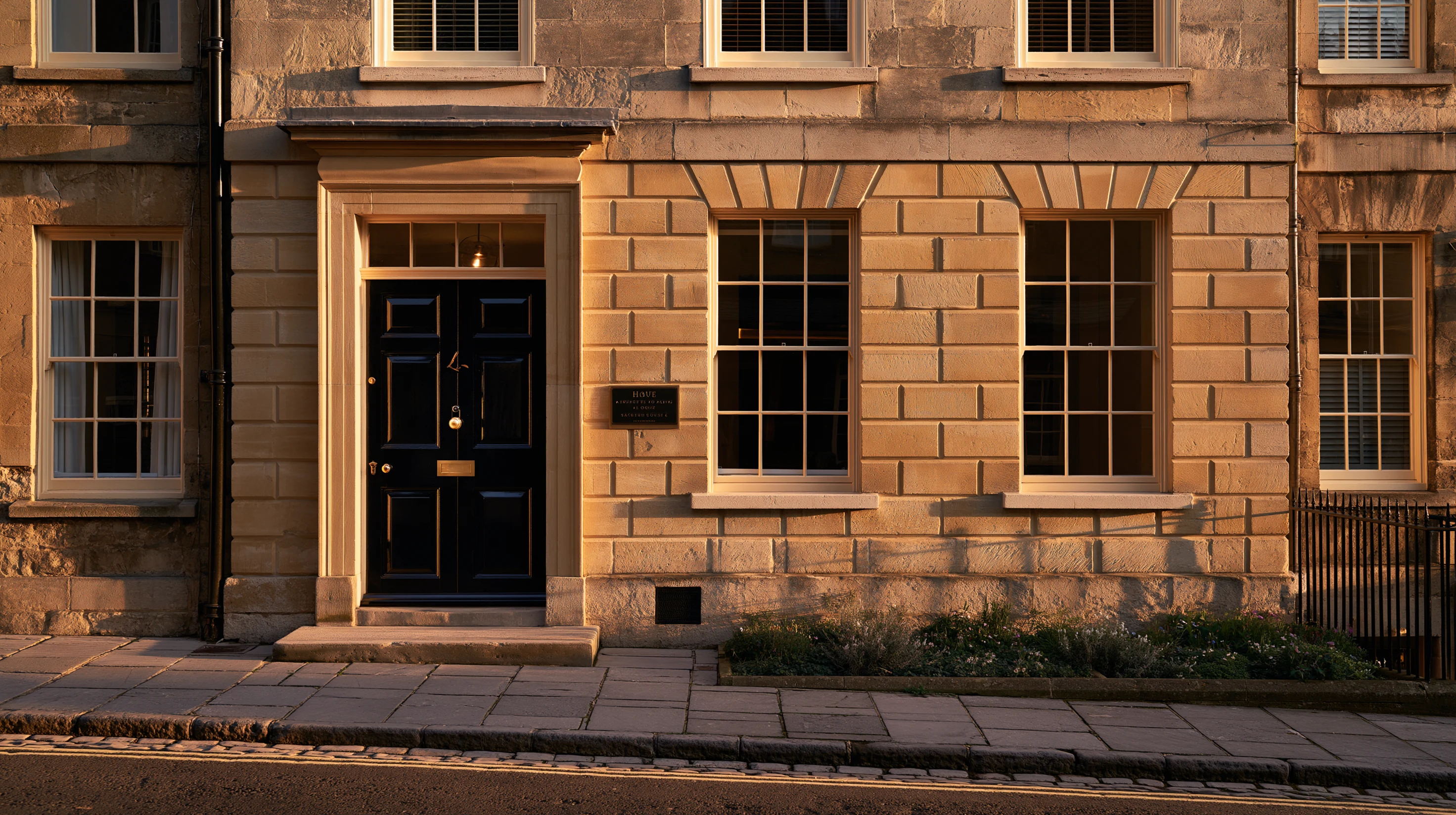 A Georgian Bath stone facade with a brass nameplate beside a black-painted door. Late afternoon light catches the limestone and the polished plate.