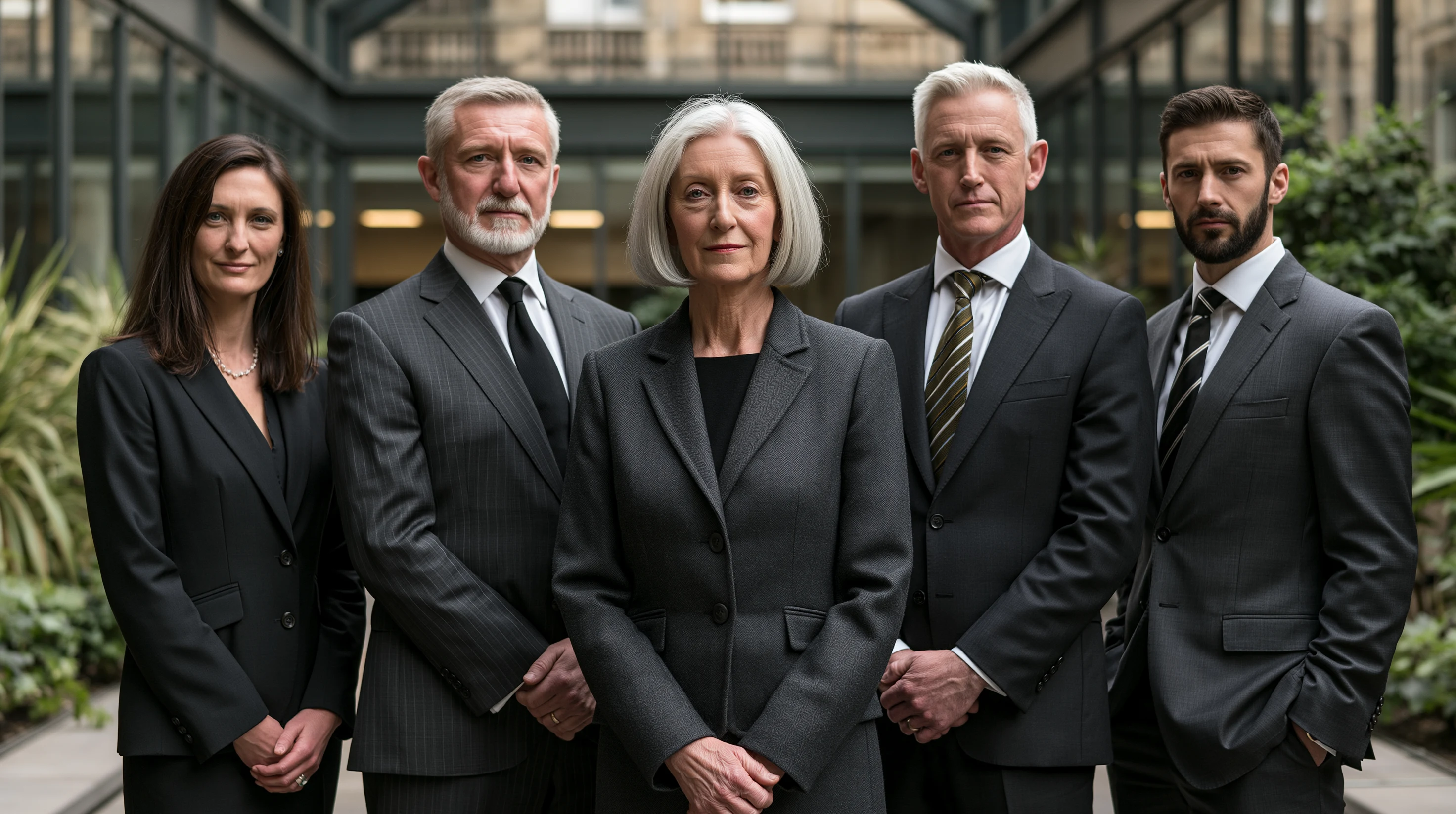 A group portrait of six of the firm's partners standing in the atrium of the London office. Three women, three men, ranging in age from late thirties to early sixties.