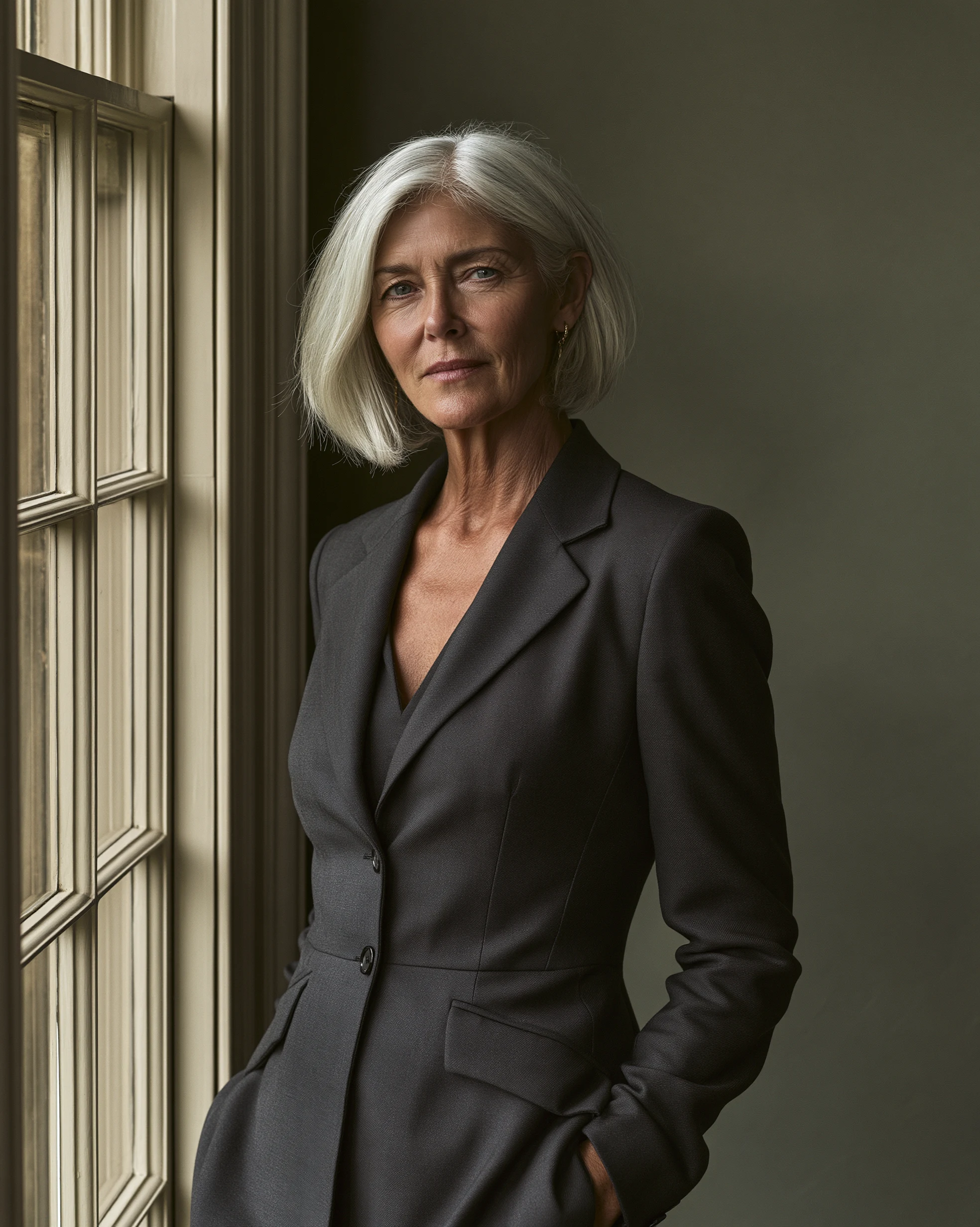 A solicitor in her late fifties seated at a partners desk, charcoal suit, hands folded, looking off-frame. Soft afternoon light through a sash window.